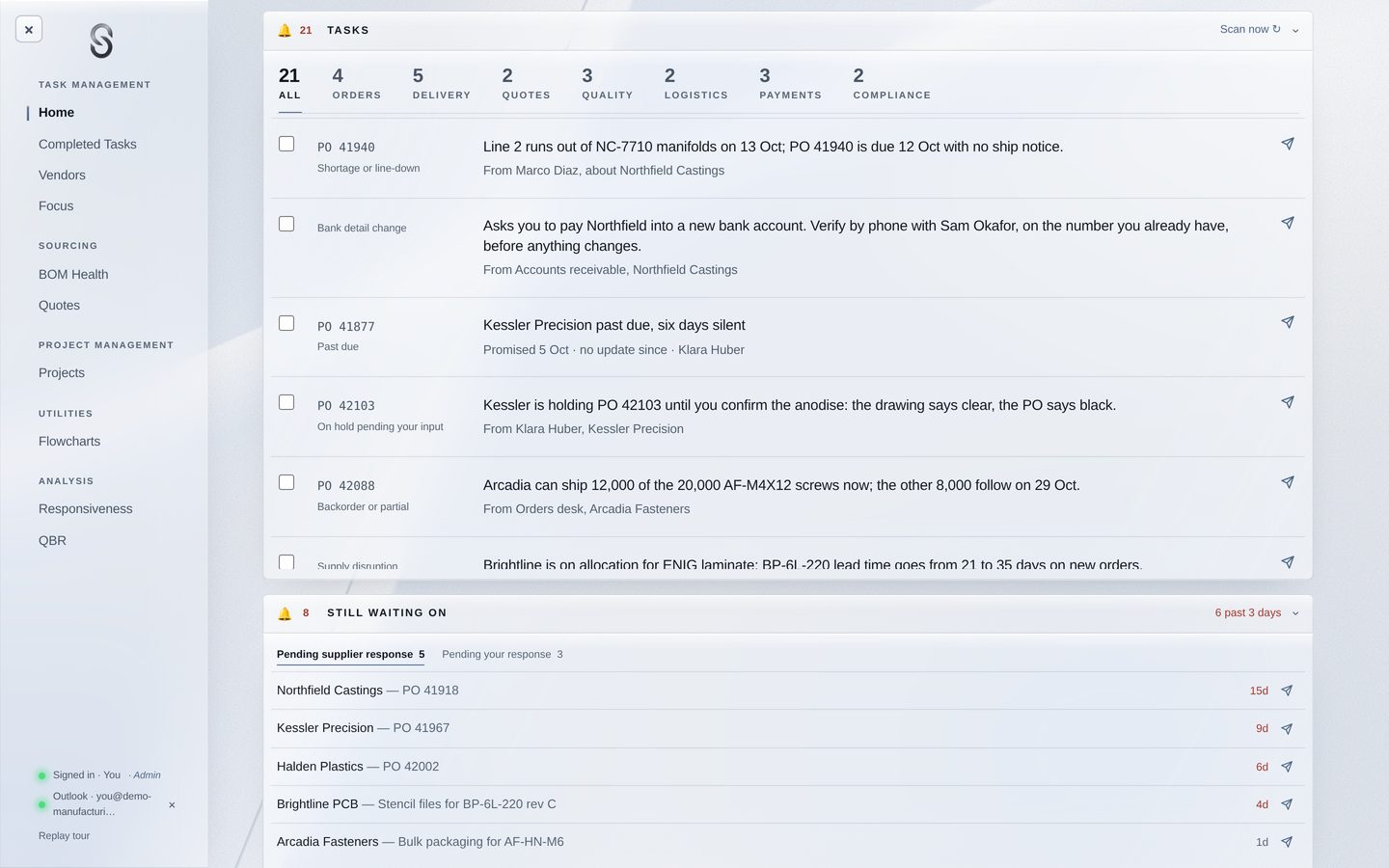 Desk Home's tasks: each a supplier email Desk has read, with what it says, the PO and who sent it