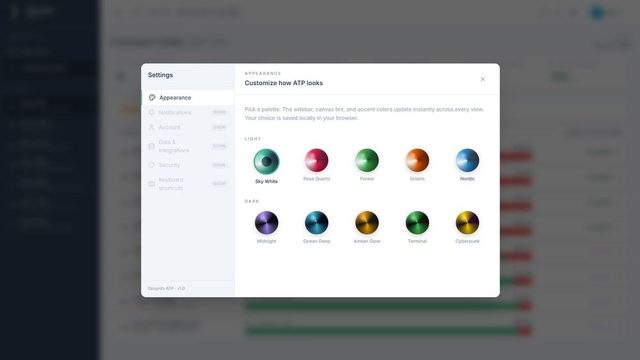Appearance settings showing five light and five dark palettes